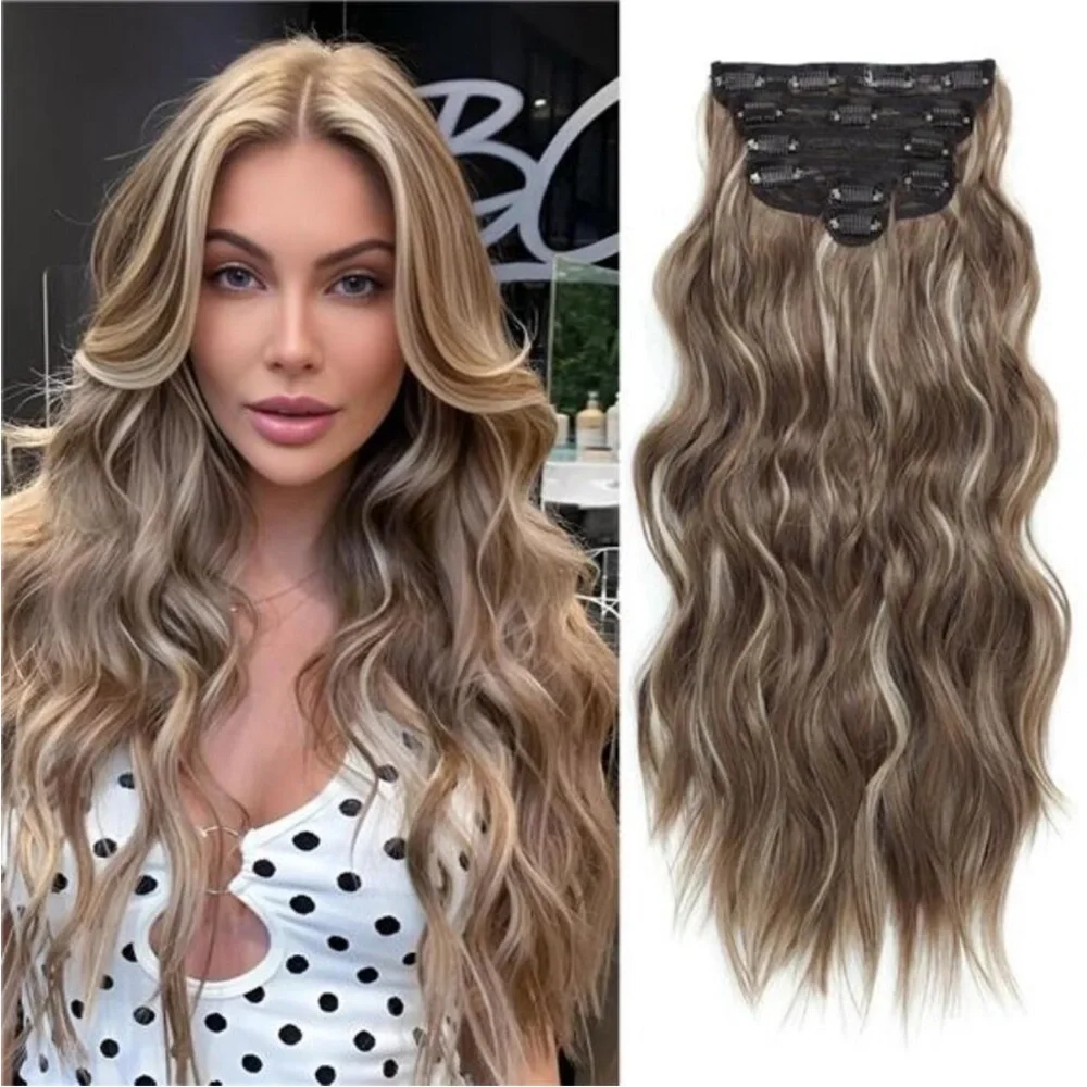 6PCS Long Wavy Curly Clip on Hair Extensions Medium Brown Mixed Ash Blonde